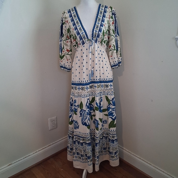 House Of Harlow Cream Blue And White Linen And Cotton Maxi Dress Size Small - Picture 7 of 11